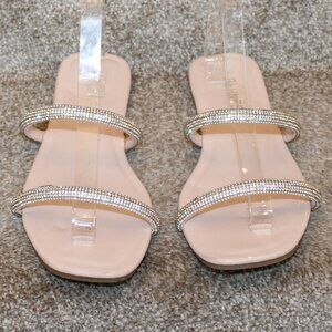 Berness Nude Rhinestone Flat Sandals Size 9 Double Strap Square Toe